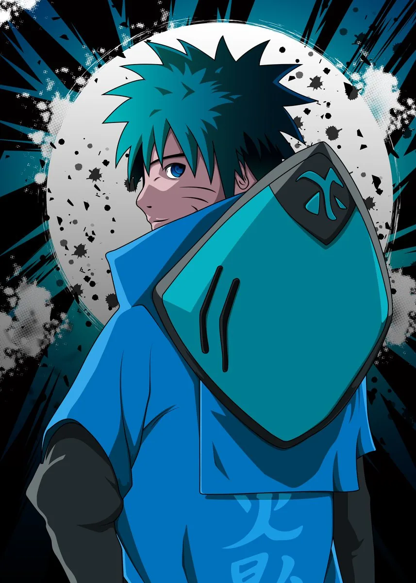A teal-haired boy ninja glances over his shoulder in front of a white full moon, ink splatter radiating across the black backdrop behind his oversized pack.