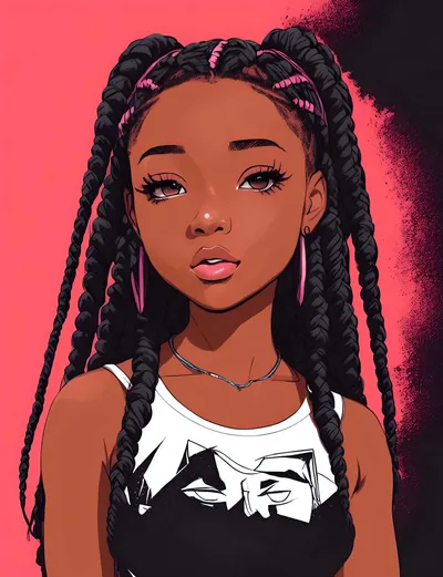Long box braids streaked with pink fall over a black and white tank top, painted against a flat red backdrop with a rough shadow to one side.