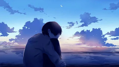 Pastel clouds and a sliver of moon fill the evening sky behind an anime boy resting his head on his arms, most colour kept to soft blues and pinks.