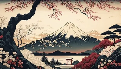 Snowy Fuji rises across a bay in muted woodblock tones, red blossom branches hanging over the top edge and a small torii on the shore below.