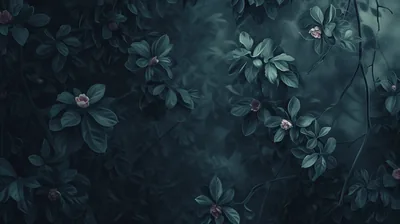 Painterly foliage crowds the frame in muted teal, tiny pink flowers opening here and there, light drifting in from the upper left.