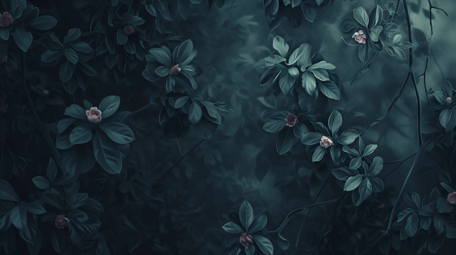 Painterly foliage crowds the frame in muted teal, tiny pink flowers opening here and there, light drifting in from the upper left.