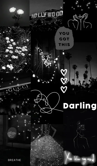 Night shots and neon signs stack down a dark frame, palm trees, the Hollywood sign and glowing heart outlines between them.
