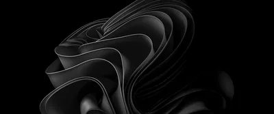 Stacked ribbons curl into a bloom on the left of an ultrawide black frame, the right half left empty for icons.