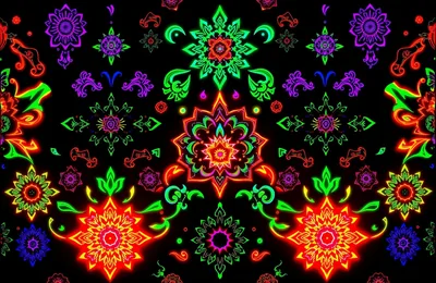 Symmetrical rows of red, green and purple folk-style flowers glow like UV paint on black, patterned edge to edge with no empty corner.