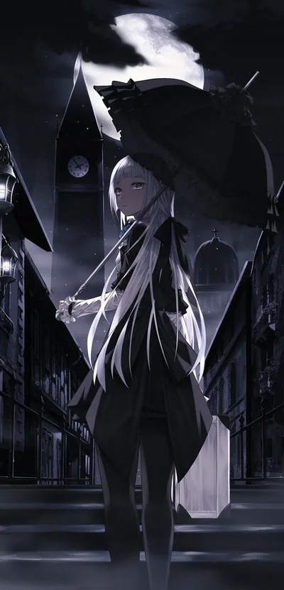 A white-haired girl carries a lace parasol down a moonlit street, clock tower behind her, the whole scene held in silvery blue-grey monochrome.