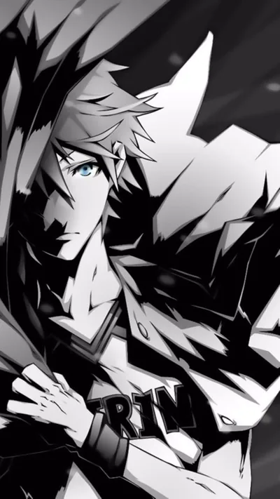 A spiky-haired fighter glances over his shoulder, inked almost entirely in black and white except for a pair of pale blue eyes.