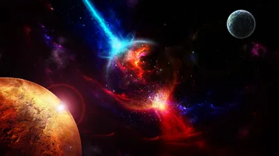 A molten orange planet rises at the lower left as a blue comet streaks down from above, red nebula light filling the space between them.