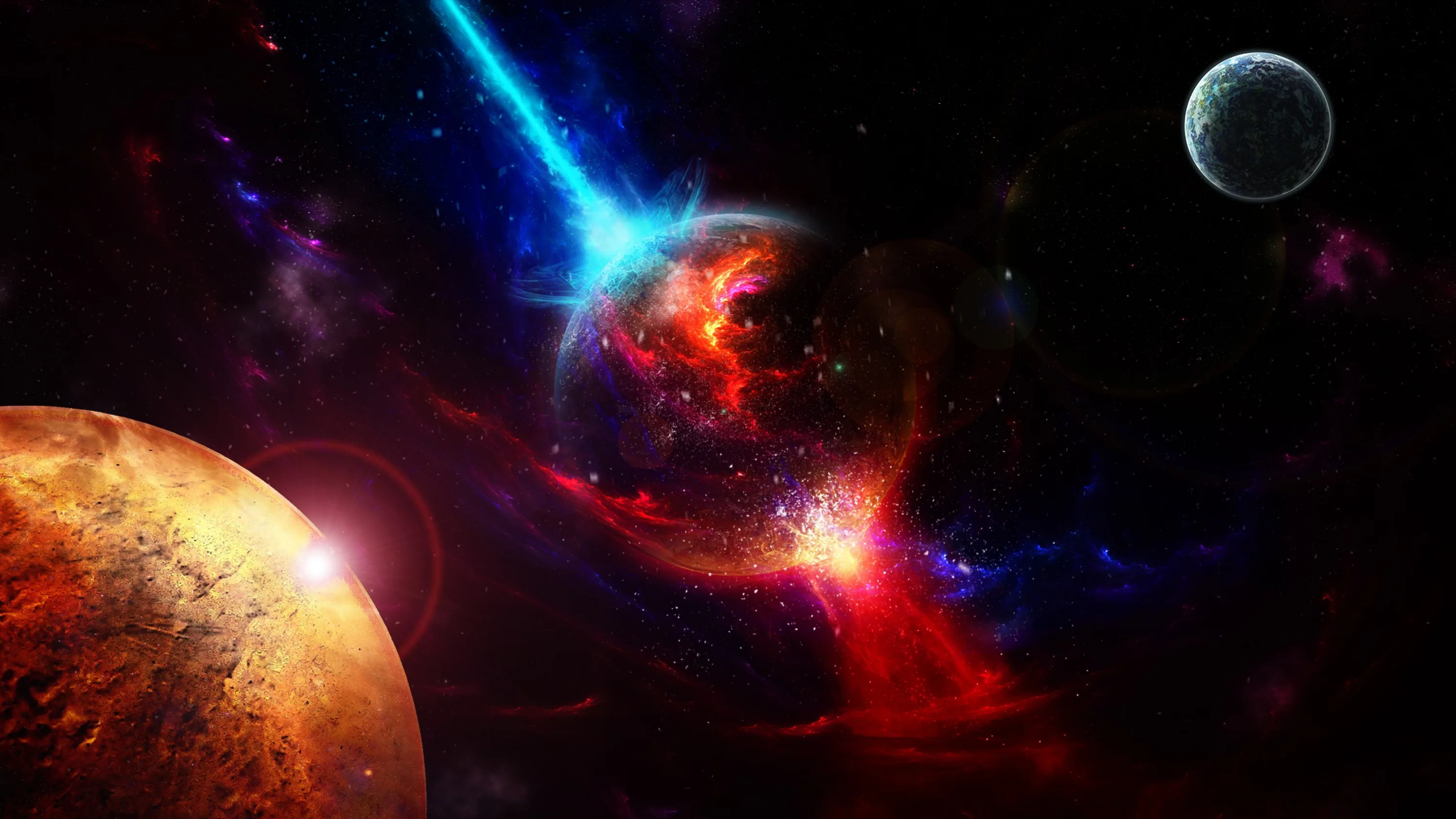 A molten orange planet rises at the lower left as a blue comet streaks down from above, red nebula light filling the space between them.