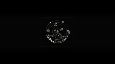 A mountain, moon phases and small stars are drawn in thin white line work inside a circle on black.