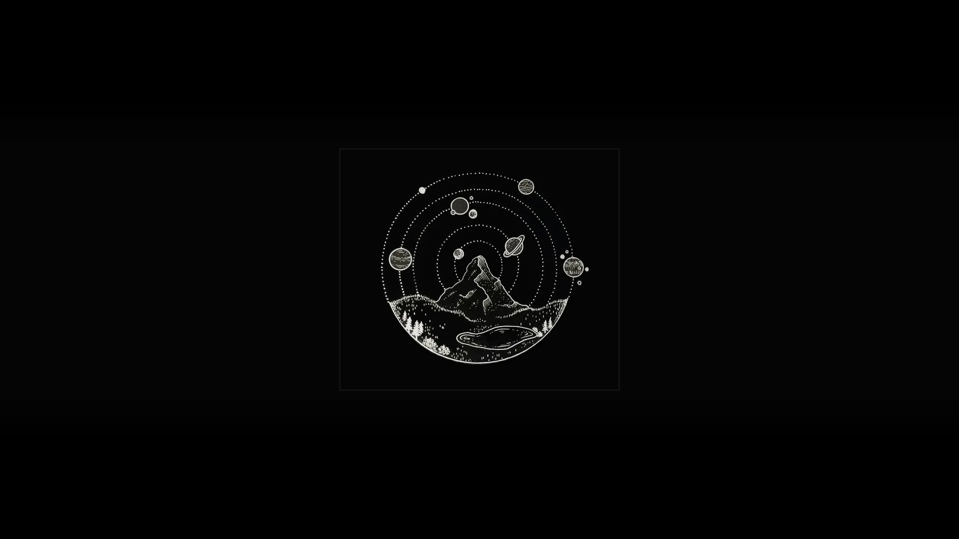 A mountain, moon phases and small stars are drawn in thin white line work inside a circle on black.