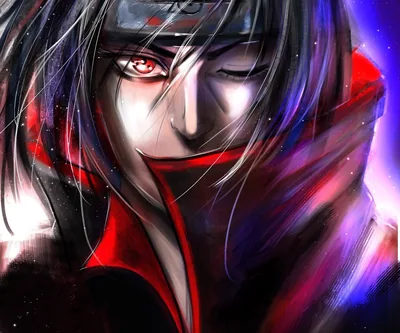 Itachi's face fills the frame in loose digital paint, one red Sharingan eye burning through strands of black hair above his red-lined Akatsuki collar.