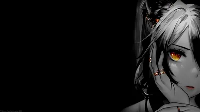 A white-haired anime character looks out from the right edge, orange eyes and a horned hairpin lit against solid black.