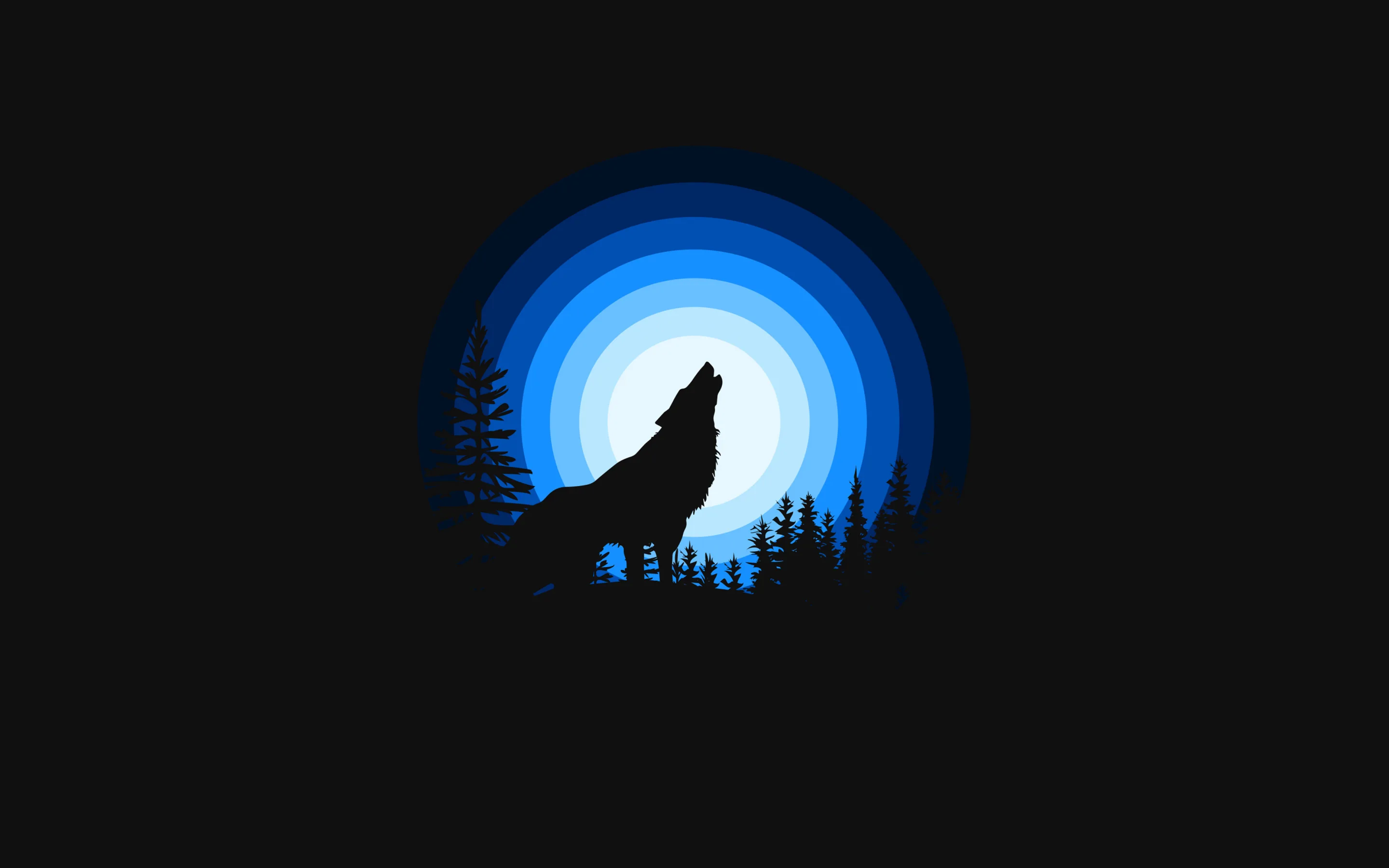 A wolf howls on a ridge of flat black pines, framed by concentric blue rings that ripple out from the moon behind it.