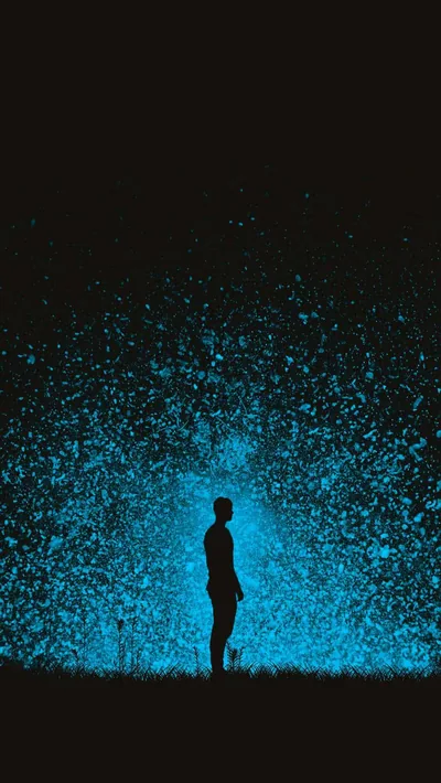 A figure stands in silhouette while a cloud of blue specks scatters outward behind them, densest at shoulder height and thinning toward the top.