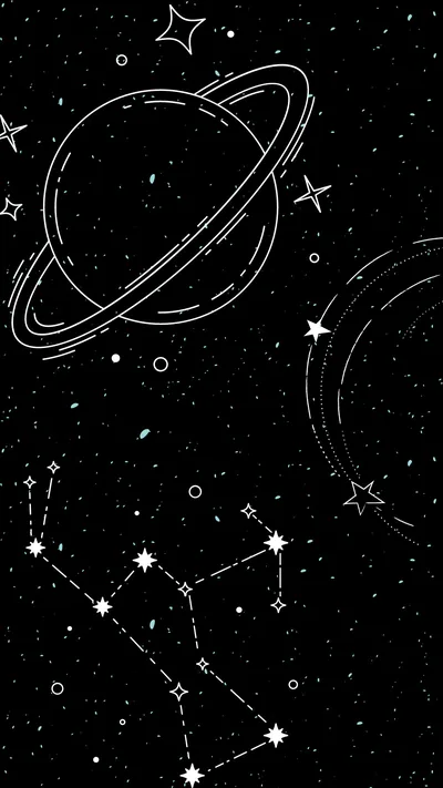 Saturn and its rings drawn in fine white line work, with star clusters and a constellation mapped across the lower half.