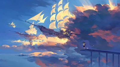 A lone figure watches from the end of a high diving board as a full-rigged ship sails through sunset clouds, white sails catching the last light.