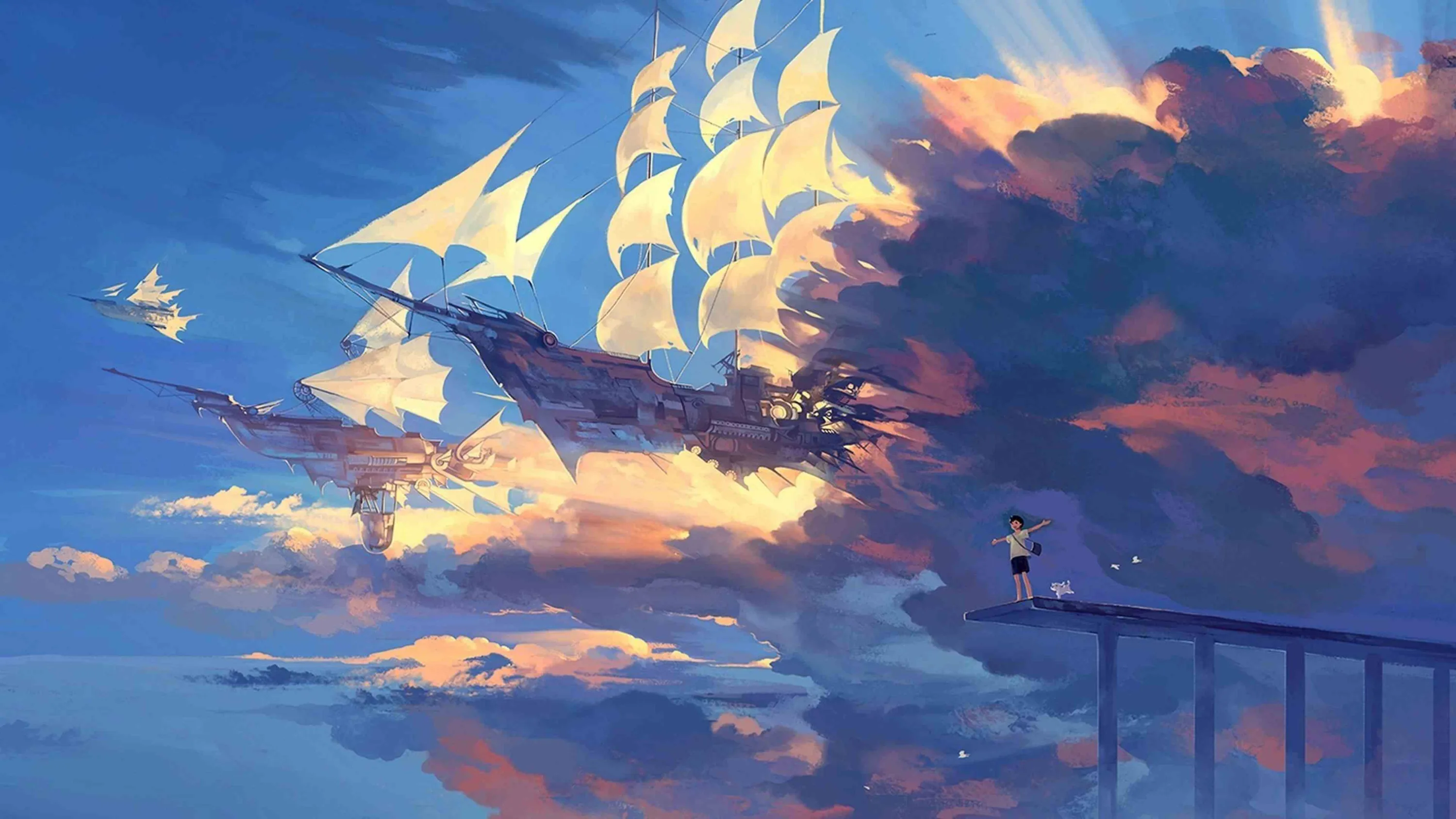 A lone figure watches from the end of a high diving board as a full-rigged ship sails through sunset clouds, white sails catching the last light.