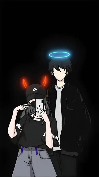 A boy with a green halo stands behind a girl in a cap with glowing red horns as she raises her phone, drawn in flat dark tones.