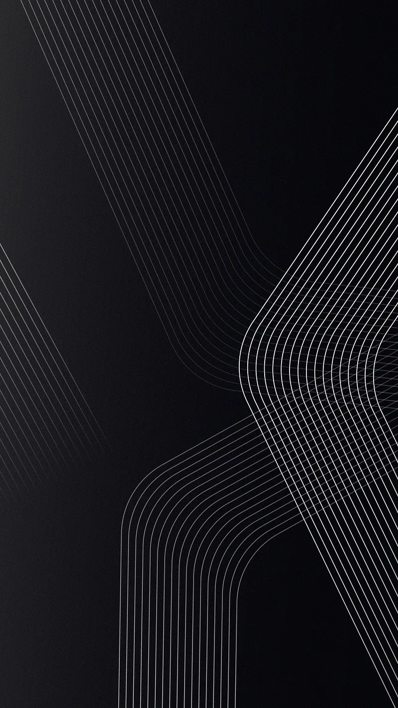 Dozens of thin white pinstripes bend through rounded corners across a near-black field, subtle enough that app icons and the clock stay legible anywhere.