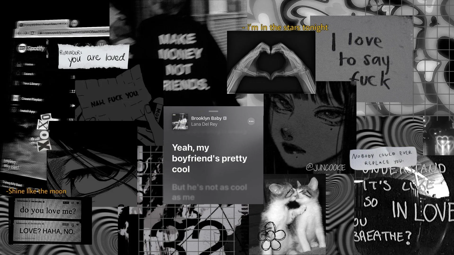 Screenshots, chat bubbles and handwritten lines tile a dark board, a hand-drawn heart shape sitting near the top centre.