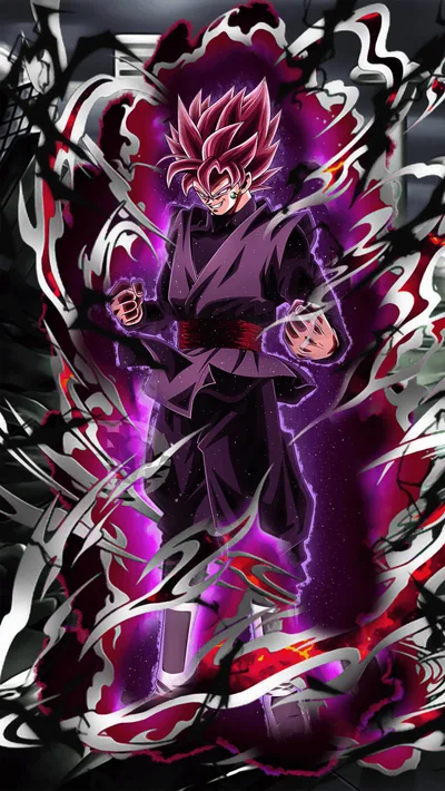 Full-length card art of Rosé Goku Black with fists tight at his sides, jagged silver strokes and purple wind circling him in a tall phone-shaped frame.