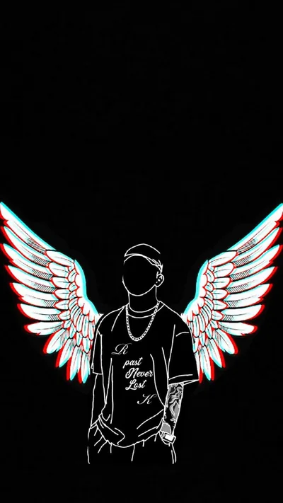 A boy in a cap stands with his back to the camera, chalk-white wings drawn behind him and a red-blue glitch edge on the outline.