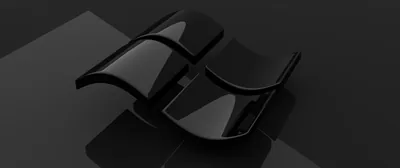 The Windows emblem modelled as thick curved panels on a dark reflective floor, a single light source catching the top edge of each pane.