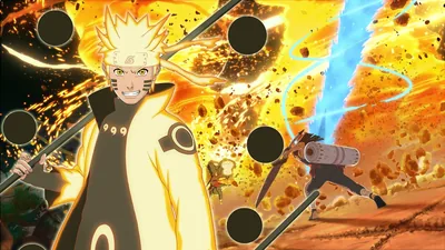 Naruto in the white and orange sage robe hurls forward as an orange chakra blast erupts across the frame, black magatama orbs floating in a ring around him.