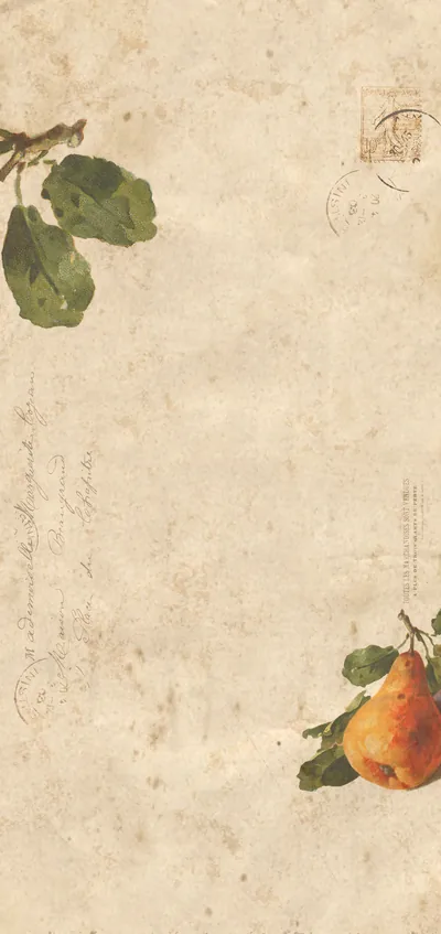 An orange pear and leafy sprigs sit in opposite corners of stained vintage paper, faded postcard script barely visible across the middle band.