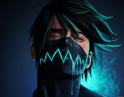 Teal-streaked black hair falls over one eye while the neon zigzag on his cloth mask drips light down his neck against deep navy.