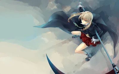 A girl in a black coat and red plaid skirt braces a huge curved scythe across a plain grey field, most of the canvas left empty around her.