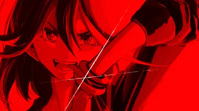 A close crop of a snarling anime girl washed in deep red, cracked glass lines running diagonally across her face and raised weapon.