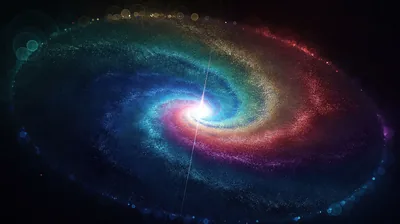 A CGI spiral swirls through red, green and blue like spilled paint, a single star flaring at its centre; the surrounding black keeps the artwork floating.