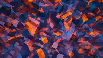 Faceted cubes tumble in a dense mosaic of navy, violet, and orange, the warm blocks glowing near the middle like embers in slate.