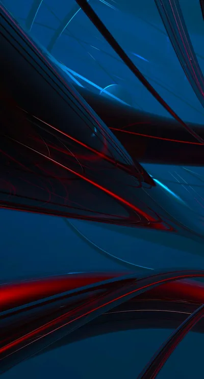 Thin curved blades of dark glass cut across a steel-blue field, each edge lined in glowing red where it turns toward the light.