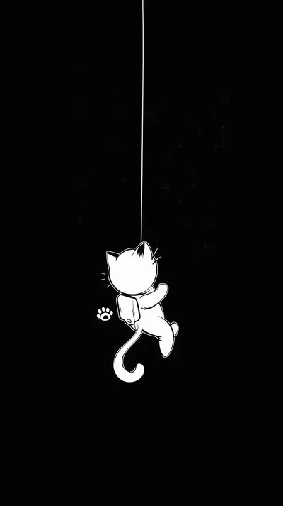 A single white line drawing of a kitten dangling from a thread on solid black, one small paw print floating beside it.