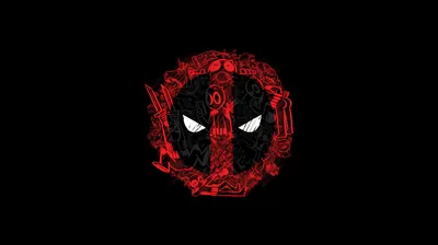The Deadpool mask emblem rendered in cracked red glitch art, floating on a pure black field.