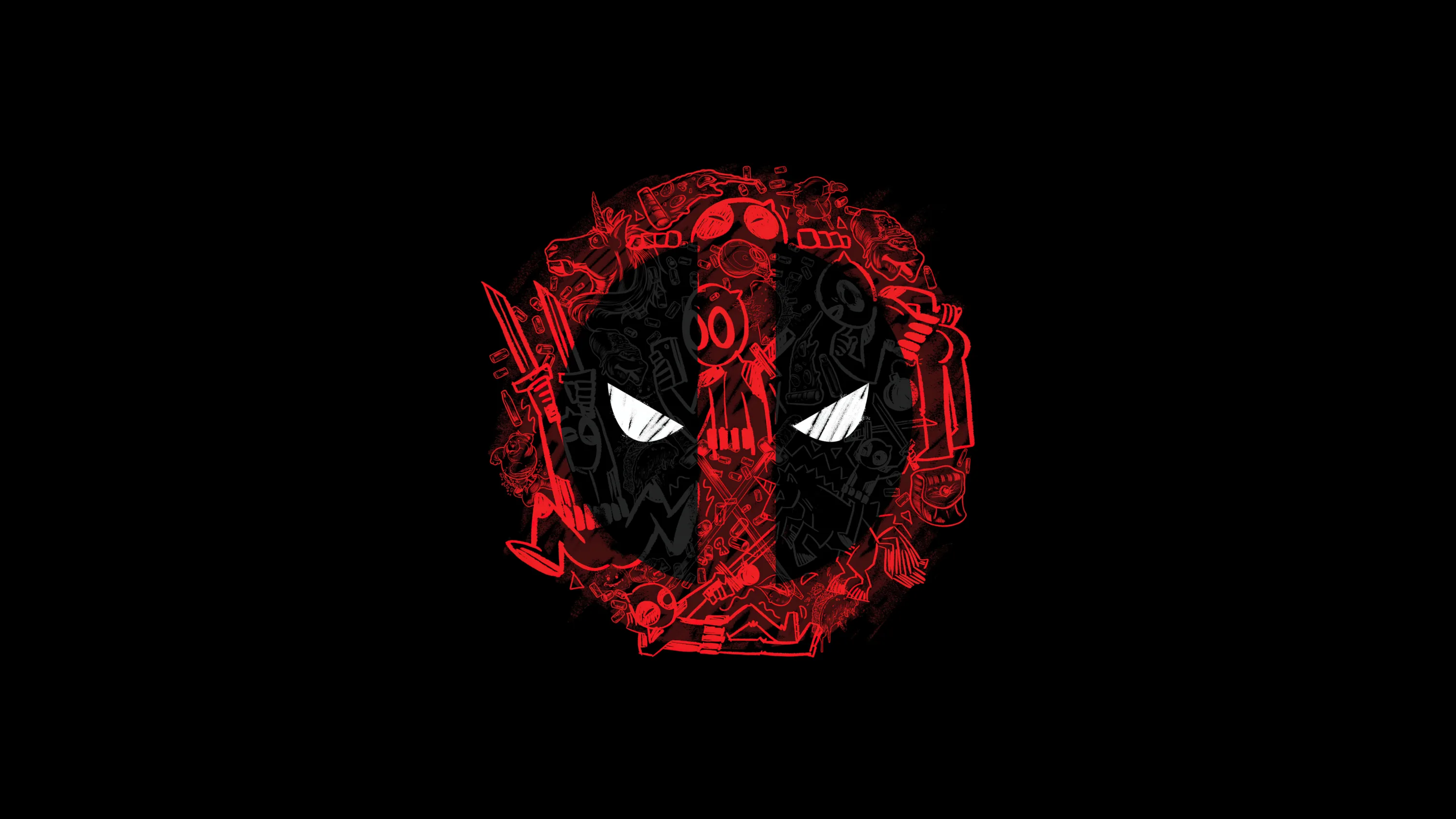 The Deadpool mask emblem rendered in cracked red glitch art, floating on a pure black field.