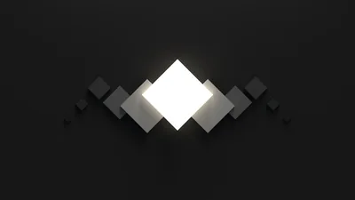 A lit square sits centred with dimmer cubes scattered symmetrically to either side, the light falling off fast into charcoal.