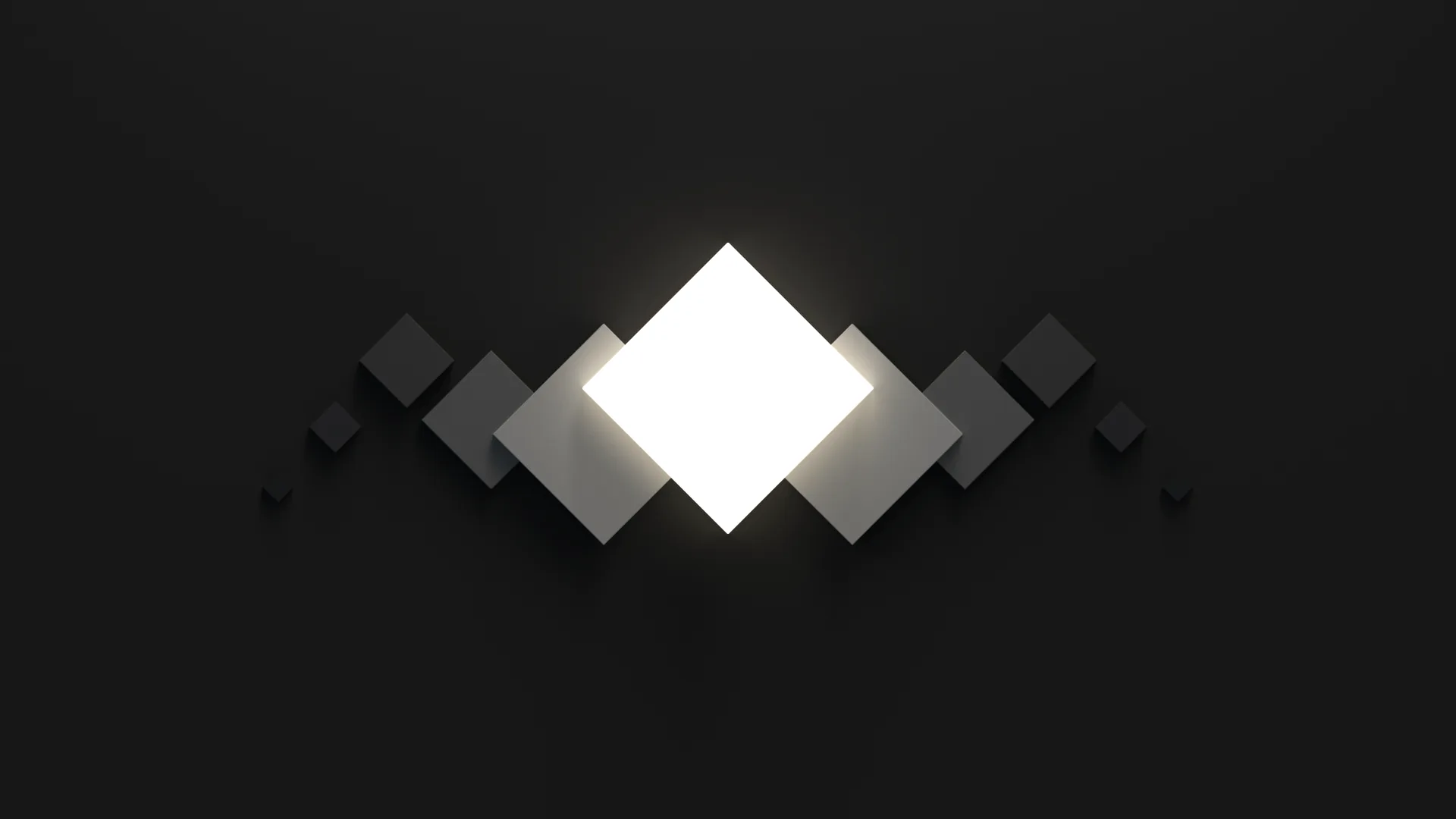 A lit square sits centred with dimmer cubes scattered symmetrically to either side, the light falling off fast into charcoal.