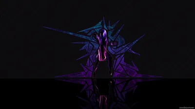 A slender spined figure in violet and blue stands alone on a mirrored black floor, its reflection stretching down into the lower half.