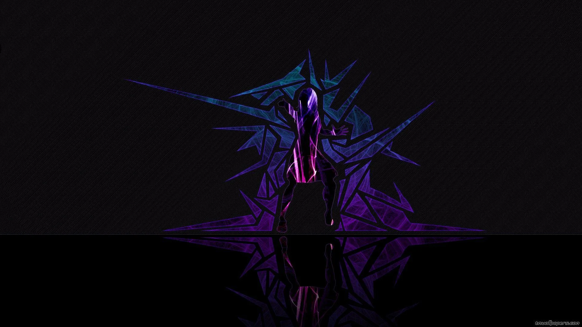 A slender spined figure in violet and blue stands alone on a mirrored black floor, its reflection stretching down into the lower half.
