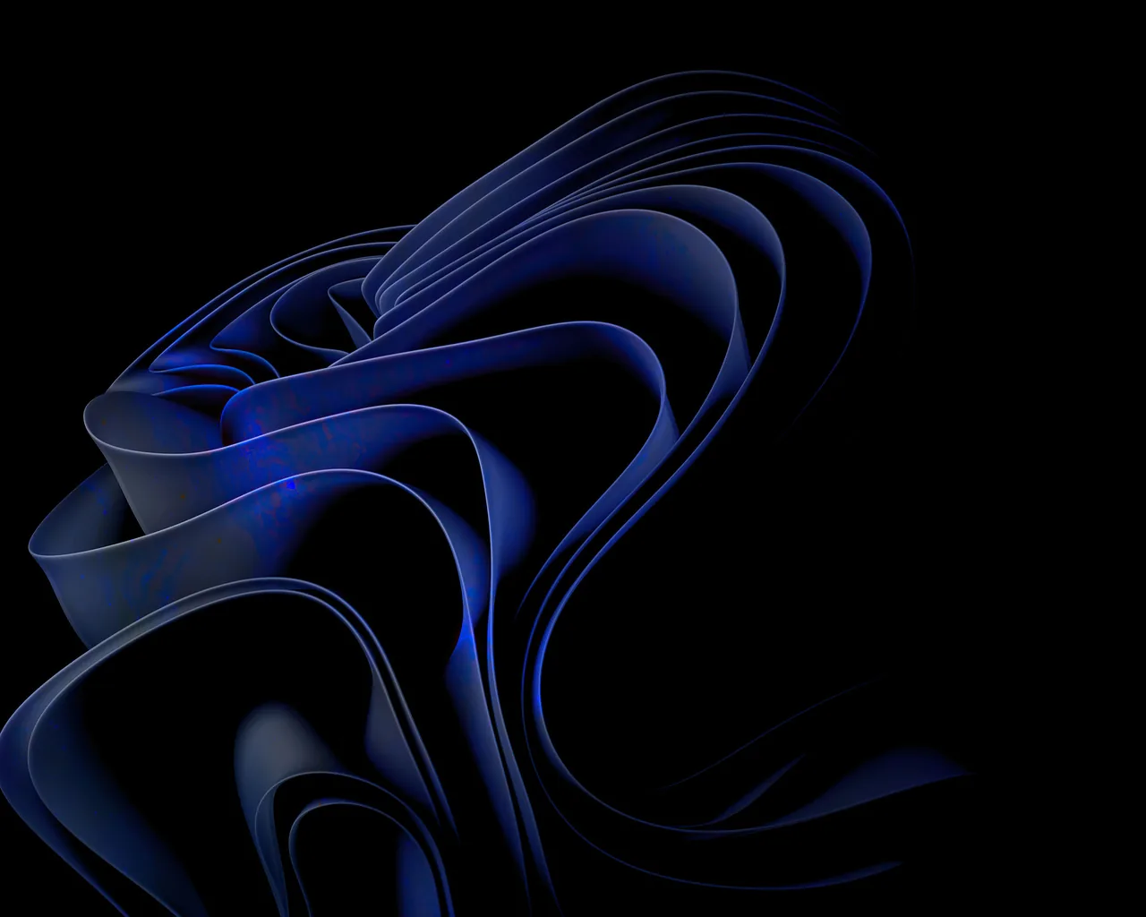 Ribbons of glossy material twist into a loose knot, the inner faces glowing electric blue while the outer folds sink into solid black.