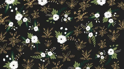 Small white daisies, green leaves and thin gold branches repeat across a charcoal ground in a loose scattered print.
