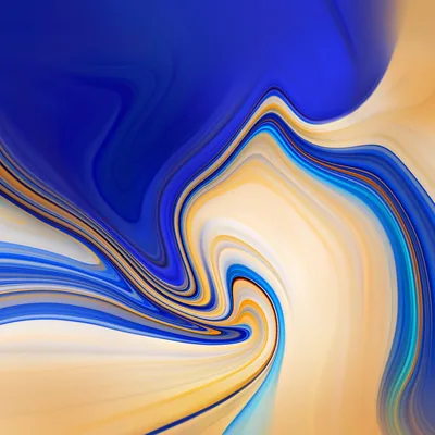 Cobalt blue folds into cream and tan like marbled ink, the tightest swirl low in the frame, with hairline gold seams tracing every boundary.