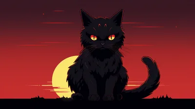 A flat illustration of a fluffy black cat with orange eyes seated in front of a setting sun, the sky graded from deep red to dark maroon.