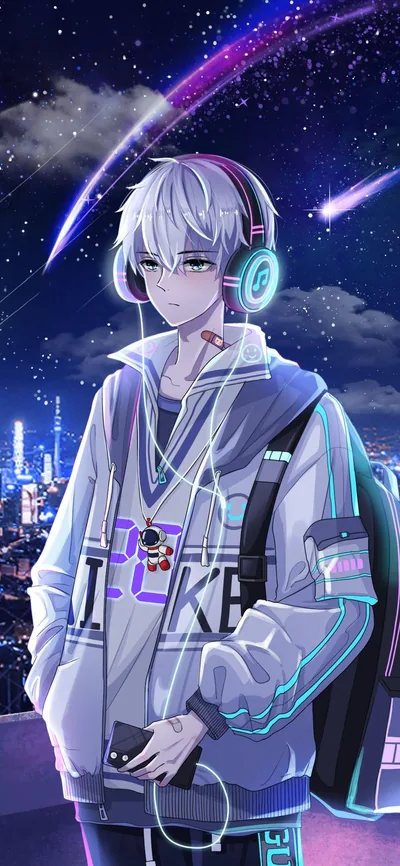 An anime boy in an oversized white hoodie stands with teal headphones on, comets streaking above a lit city skyline behind him.