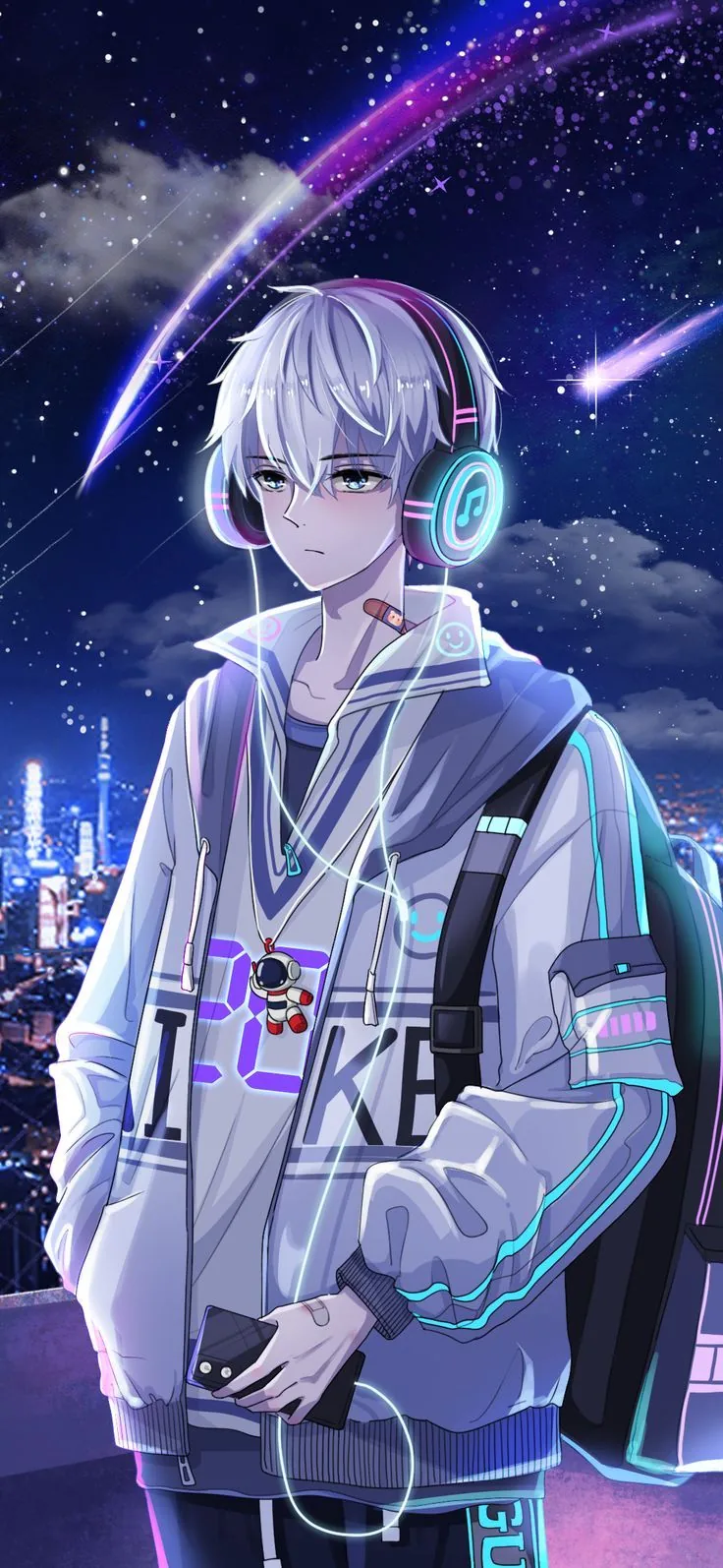An anime boy in an oversized white hoodie stands with teal headphones on, comets streaking above a lit city skyline behind him.