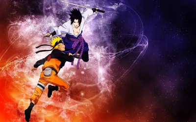 Naruto springs up toward a sword-drawn Sasuke, caught between a violet nebula swirl on the left and rolling orange fire under their feet.